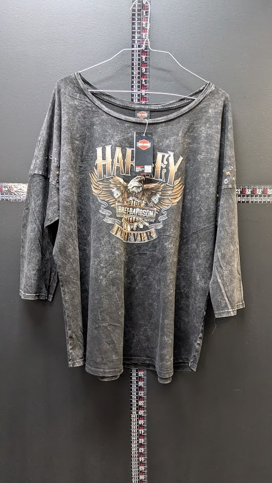 Harley-Davidson Womens XL Mineral Wash Studded 3/4 Sleeve Top NWT Barnett Harley