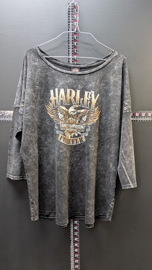 Harley-Davidson Womens XL Mineral Wash Studded 3/4 Sleeve Top NWT Barnett Harley