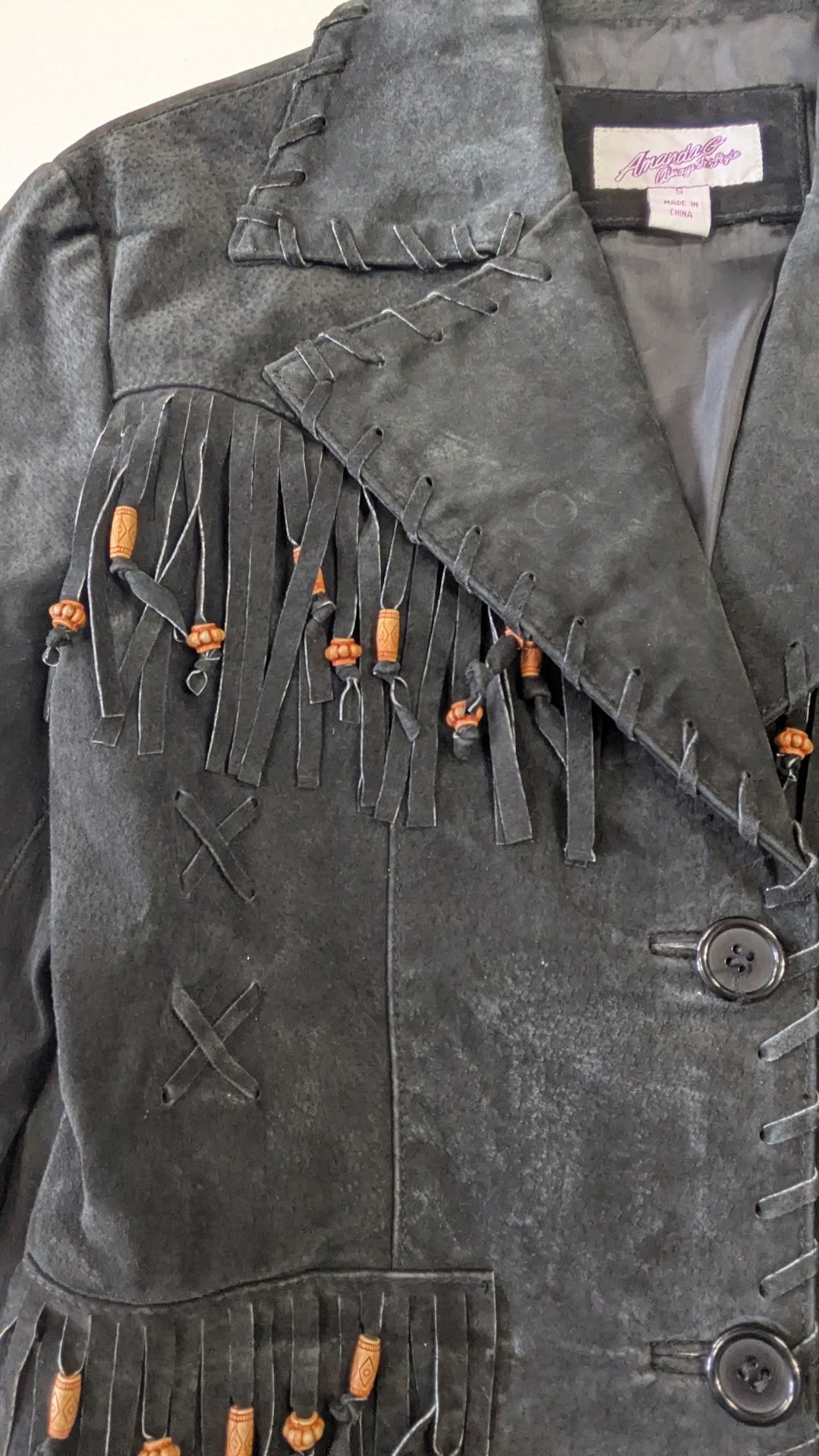 Vintage Western Suede Fringe Jacket Black Leather Beaded Whipstitch Coat