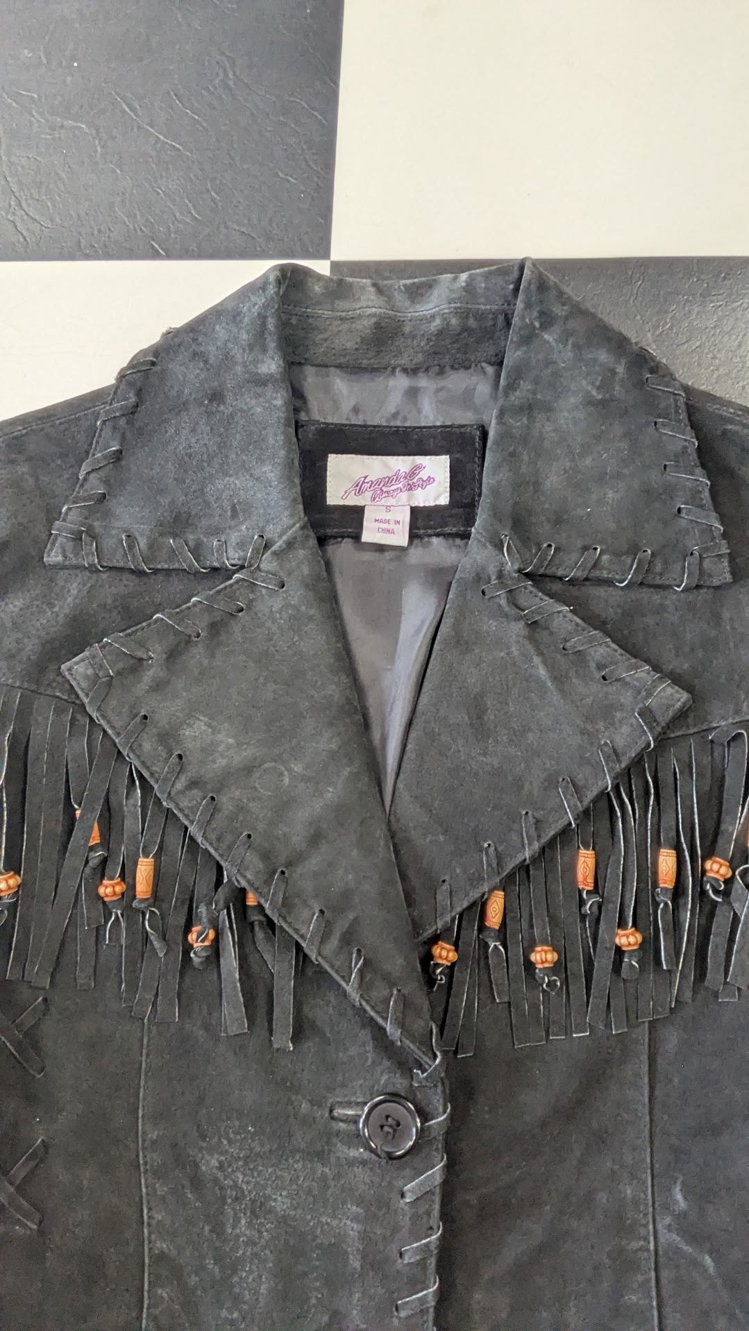 Vintage Western Suede Fringe Jacket Black Leather Beaded Whipstitch Coat