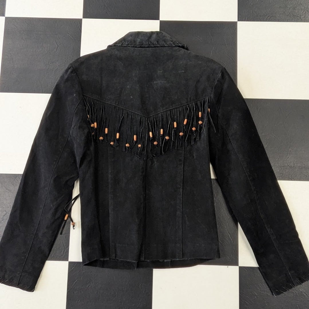 Vintage Western Suede Fringe Jacket Black Leather Beaded Whipstitch Coat