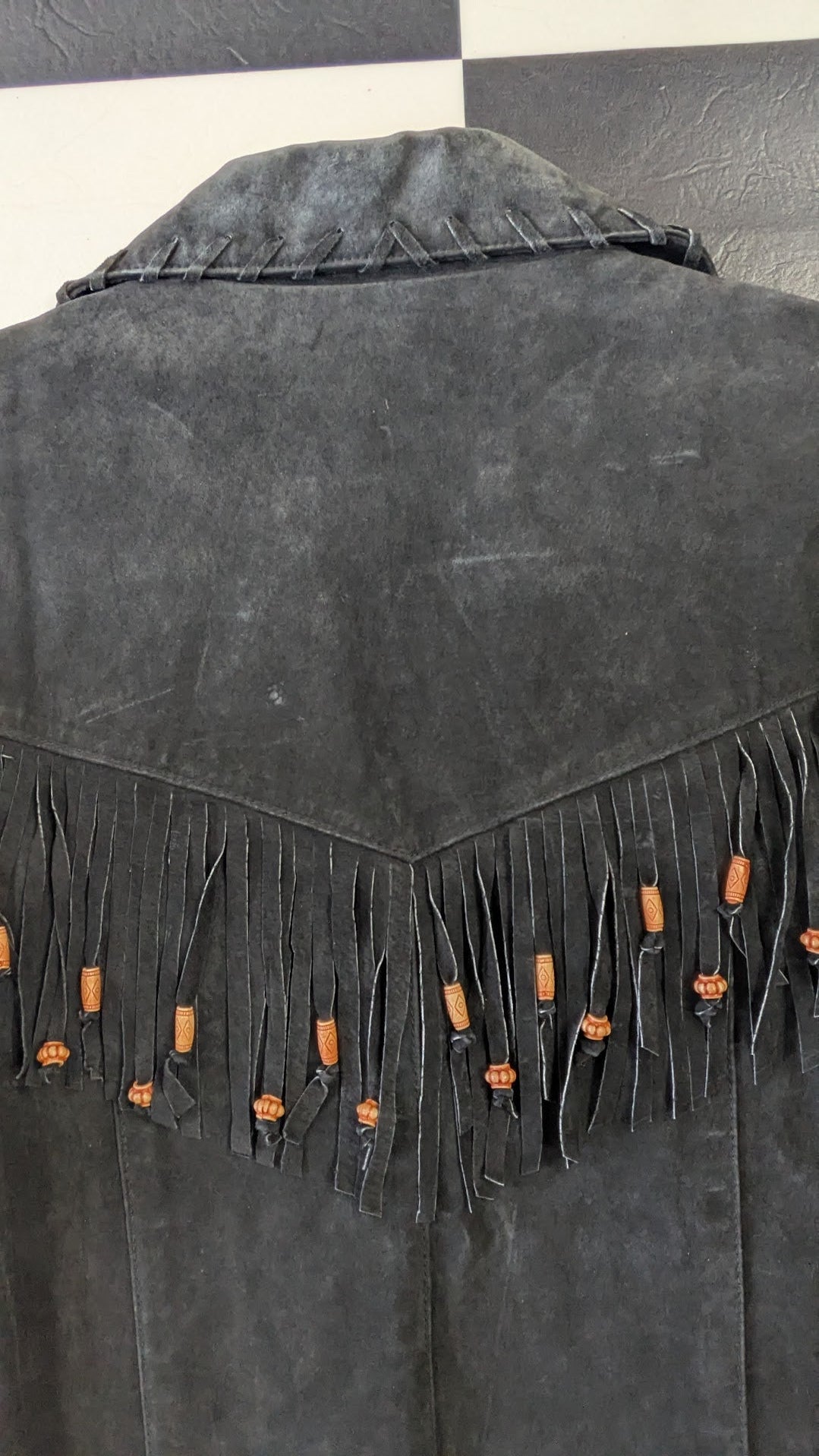Vintage Western Suede Fringe Jacket Black Leather Beaded Whipstitch Coat