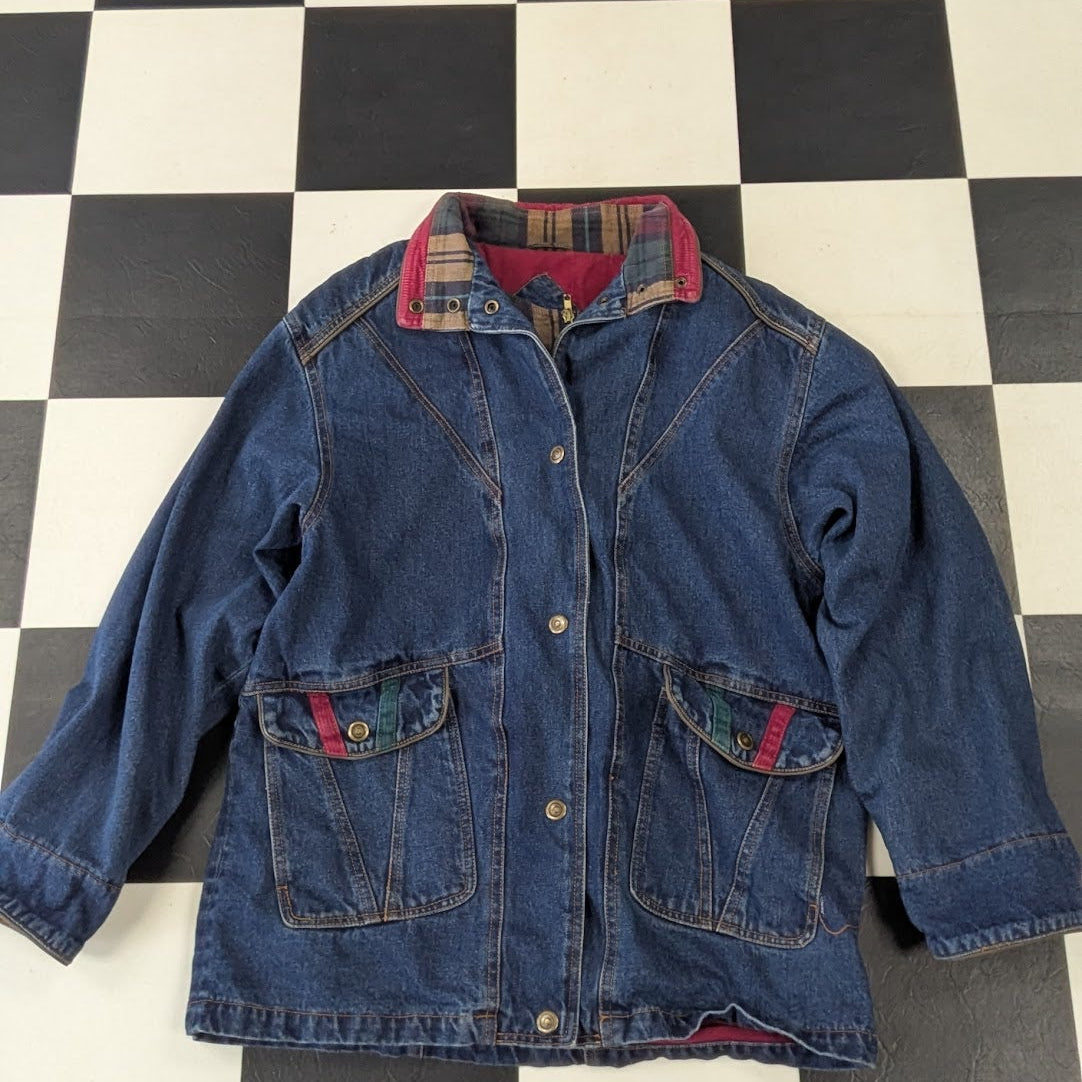Blue denim jacket on a checkered floor