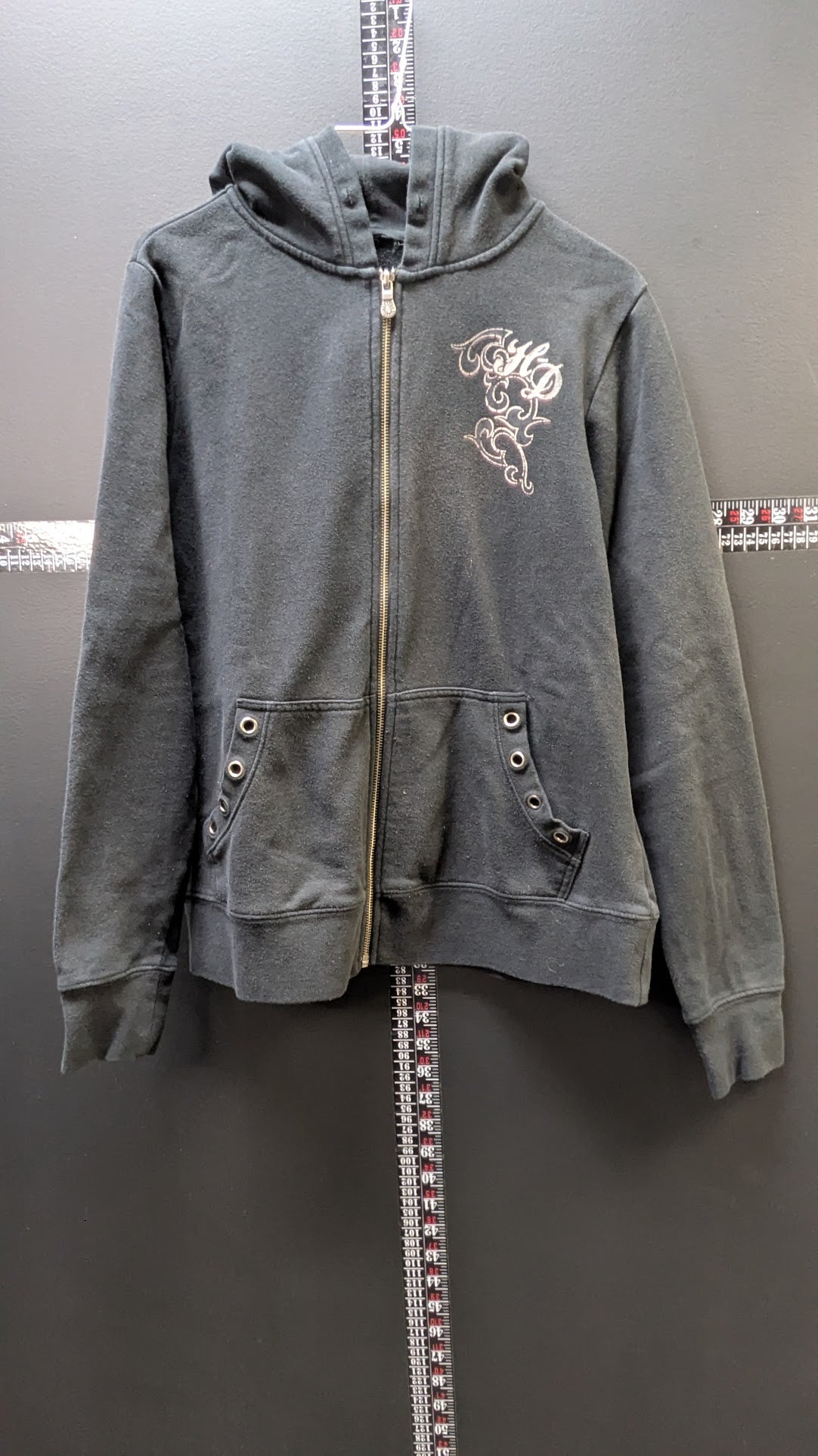 Harley-Davidson Womens Zip Hoodie Rhinestone Skull Black Full Zip Sweatshirt Medium Est