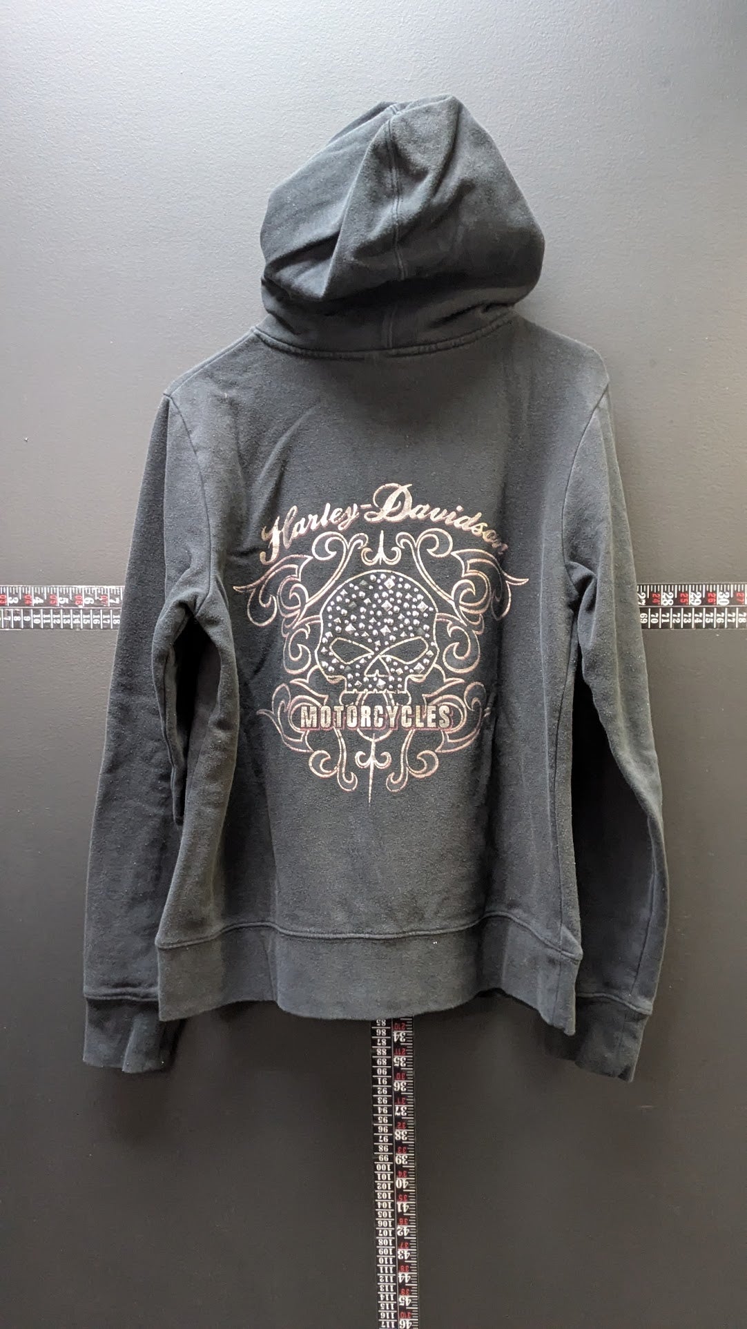 Harley-Davidson Womens Zip Hoodie Rhinestone Skull Black Full Zip Sweatshirt Medium Est