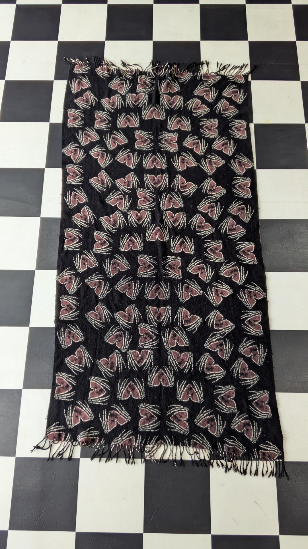 Skeleton Hand Heart Fringe Scarf Black Pink Gothic Biker Wrap 33" x 64"