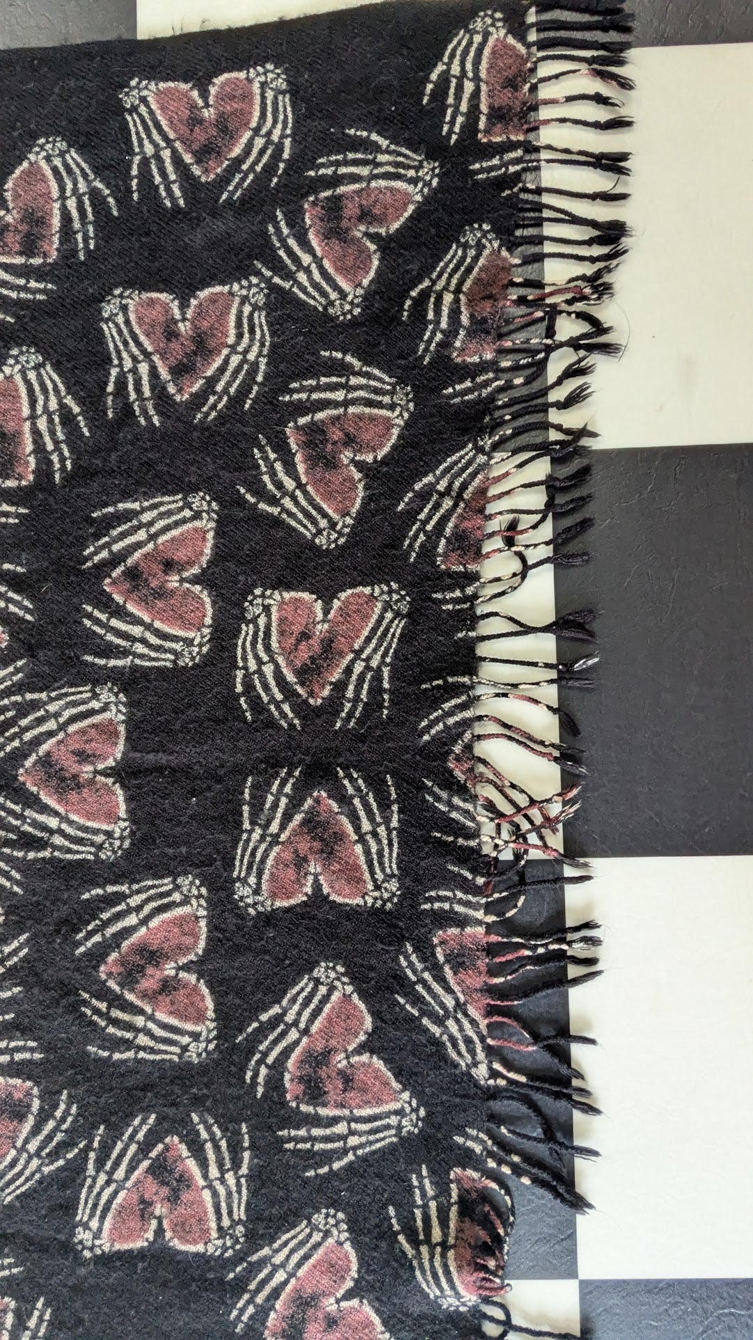 Skeleton Hand Heart Fringe Scarf Black Pink Gothic Biker Wrap 33" x 64"
