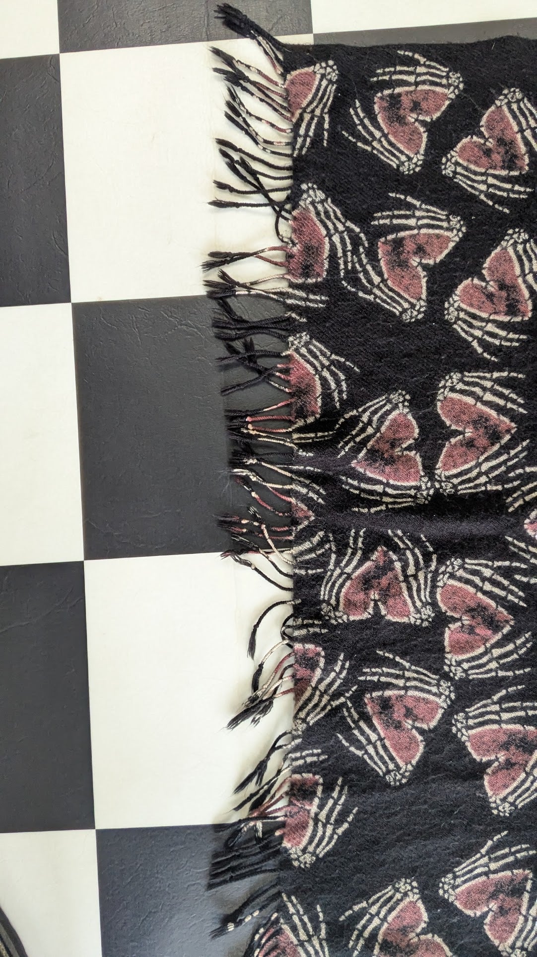 Skeleton Hand Heart Fringe Scarf Black Pink Gothic Biker Wrap 33" x 64"