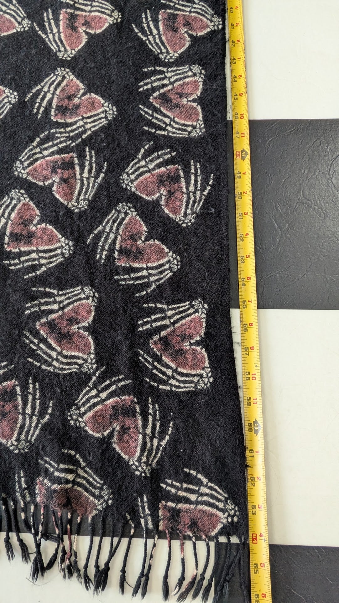 Skeleton Hand Heart Fringe Scarf Black Pink Gothic Biker Wrap 33" x 64"