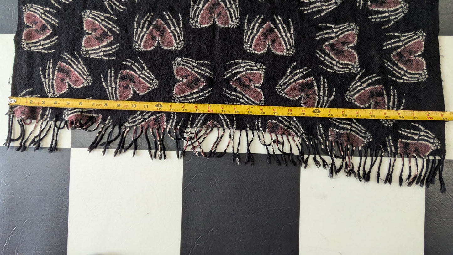 Skeleton Hand Heart Fringe Scarf Black Pink Gothic Biker Wrap 33" x 64"