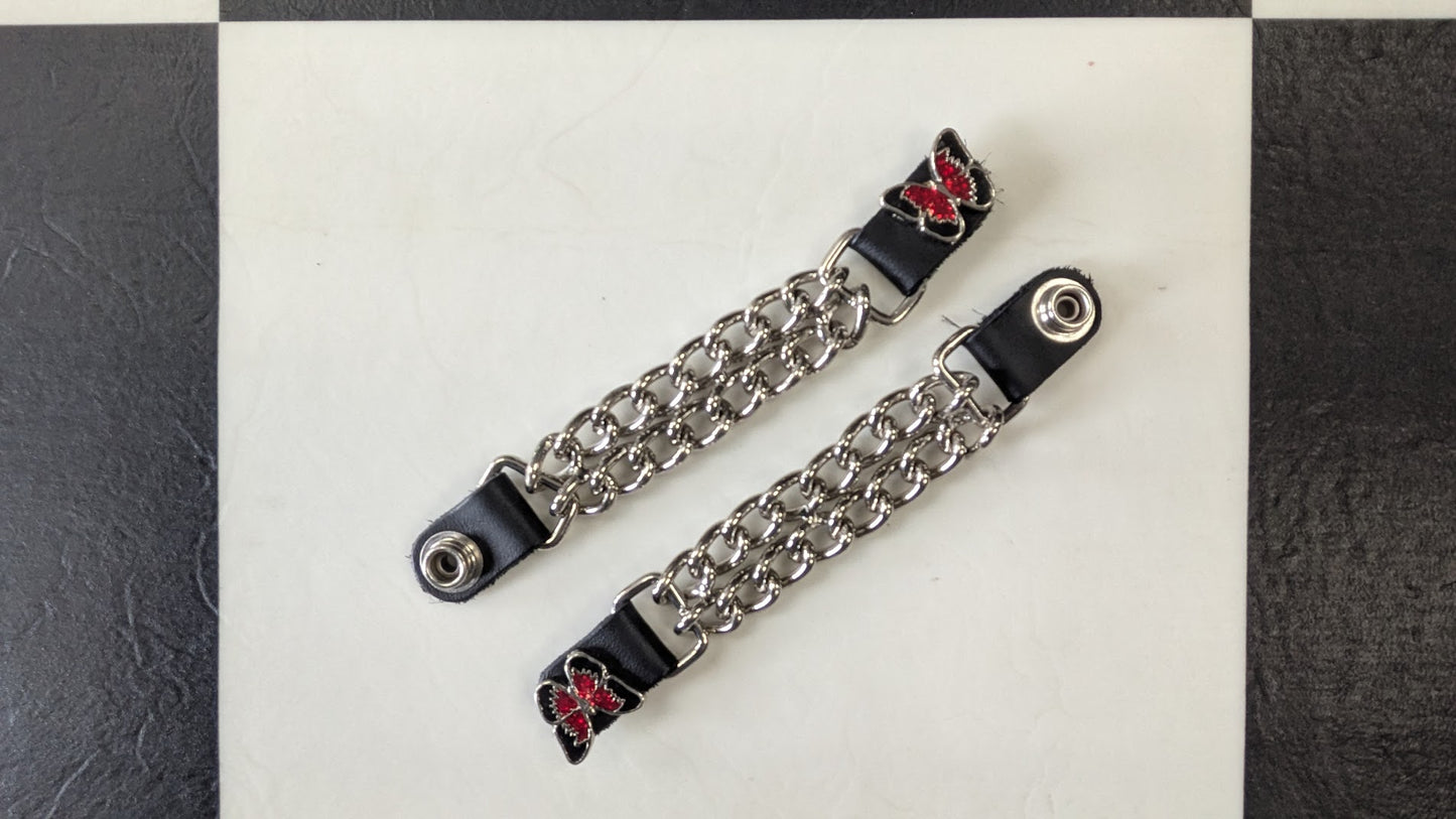 Women's Motorcycle Vest Extenders – Silver Chain & Red Rhinestone Butterfly Pair