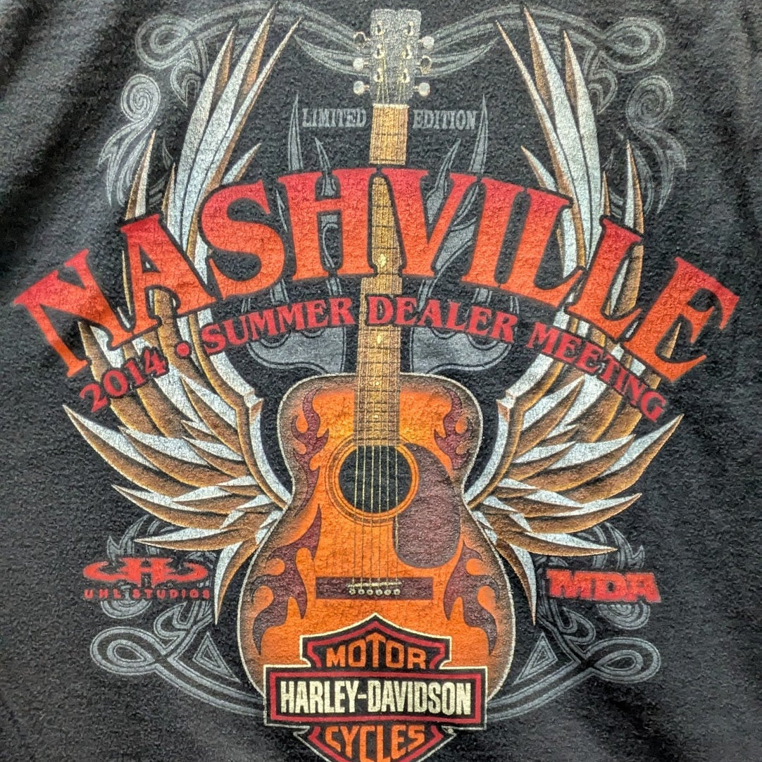 Black t-shirt with Nashville Harley-Davidson graphic design featuring a guitar and wings.