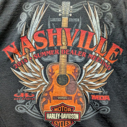 Black t-shirt with Nashville Harley-Davidson graphic design featuring a guitar and wings.