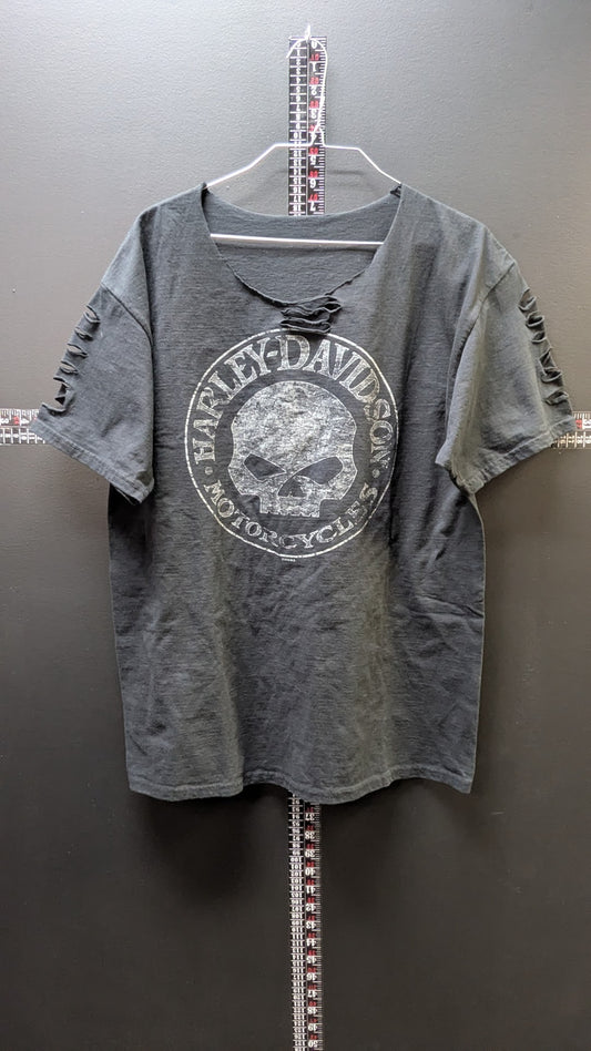 Custom Distressed Harley-Davidson Skull Graphic T-Shirt Adult Large XL Black