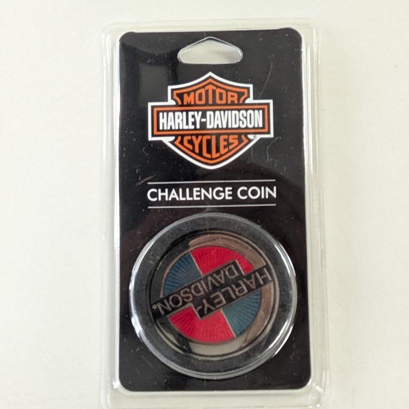 Harley-Davidson challenge coin in packaging on a white background