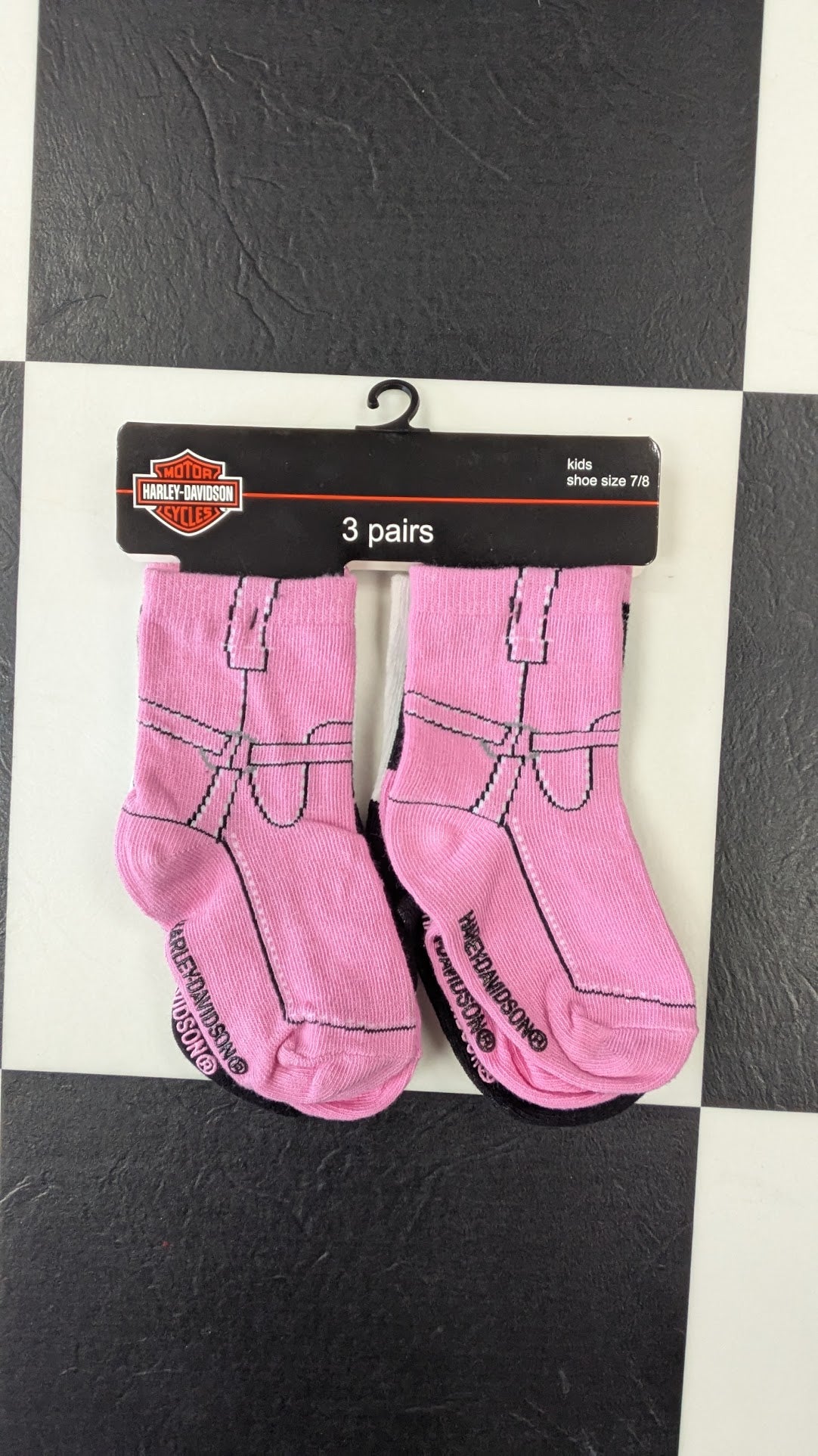 Harley-Davidson Kids Socks 3 Pair Pack Pink Motorcycle Boot Design Size 7/8 NWT
