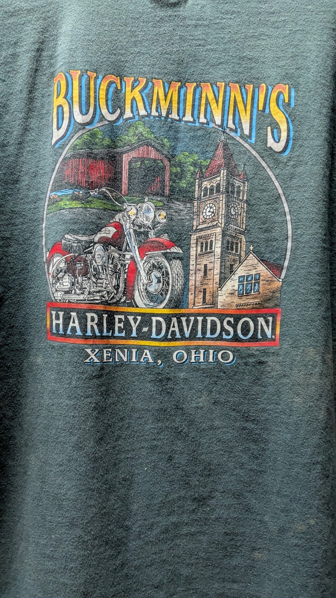 Vintage 1998-1999 Harley-Davidson Buckminn's Xenia Ohio Dealer T-Shirt Green Large