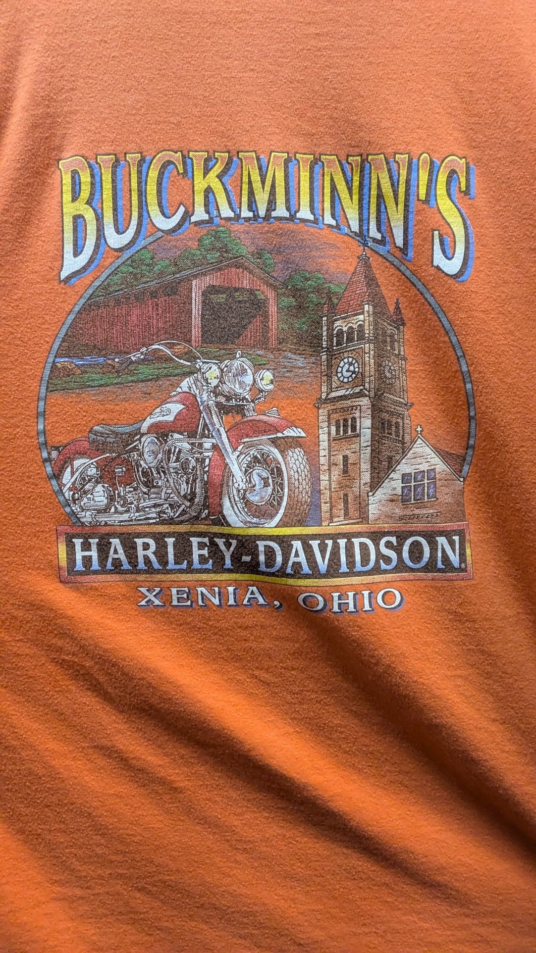 Harley-Davidson Buckminn's Xenia Ohio Long Sleeve T-Shirt Orange Large 2009