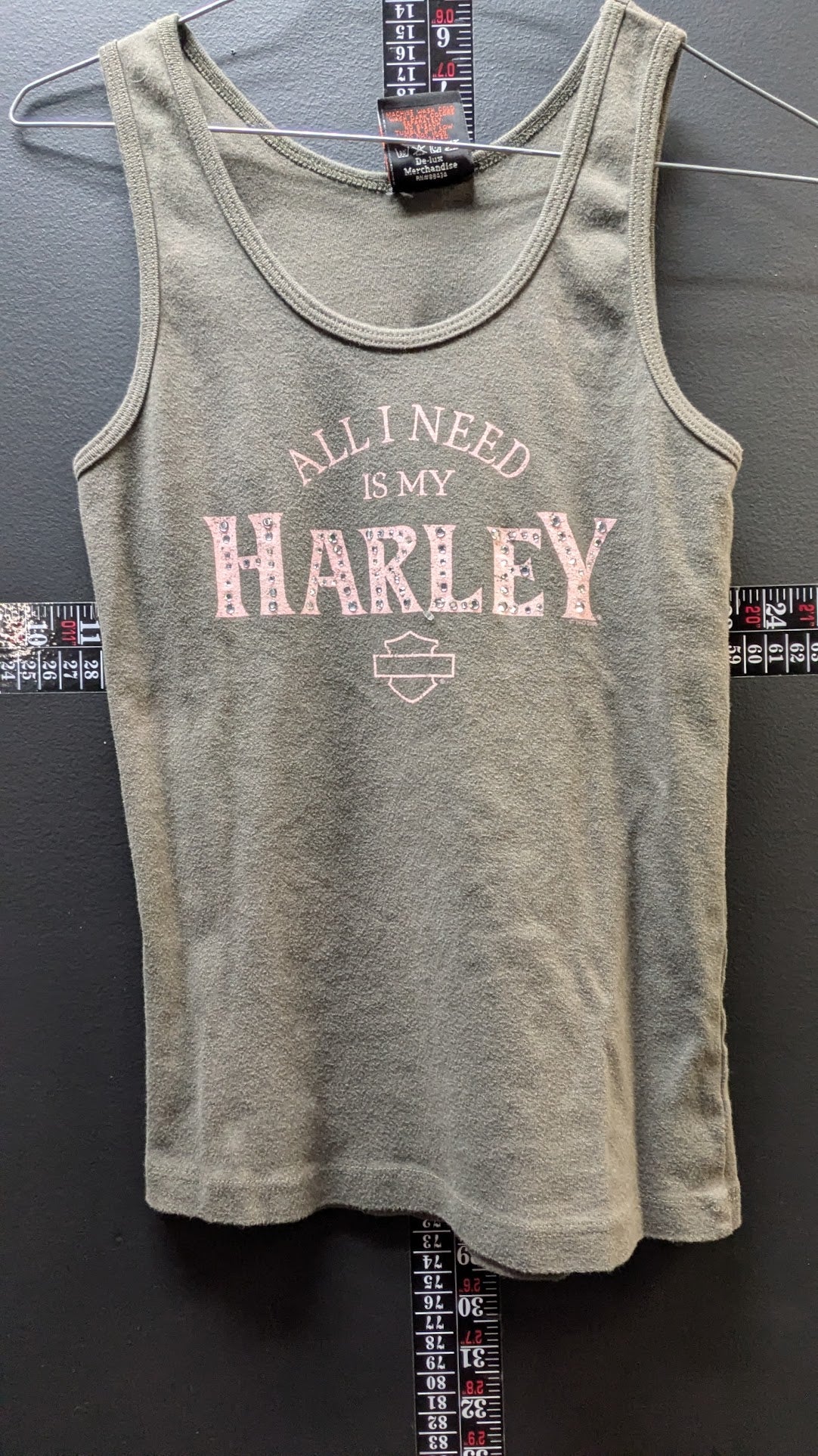 Vintage 2005 Harley-Davidson Women's Tank Top "All I Need Is My Harley" Rhinestone Graphic Olive Green Size Large