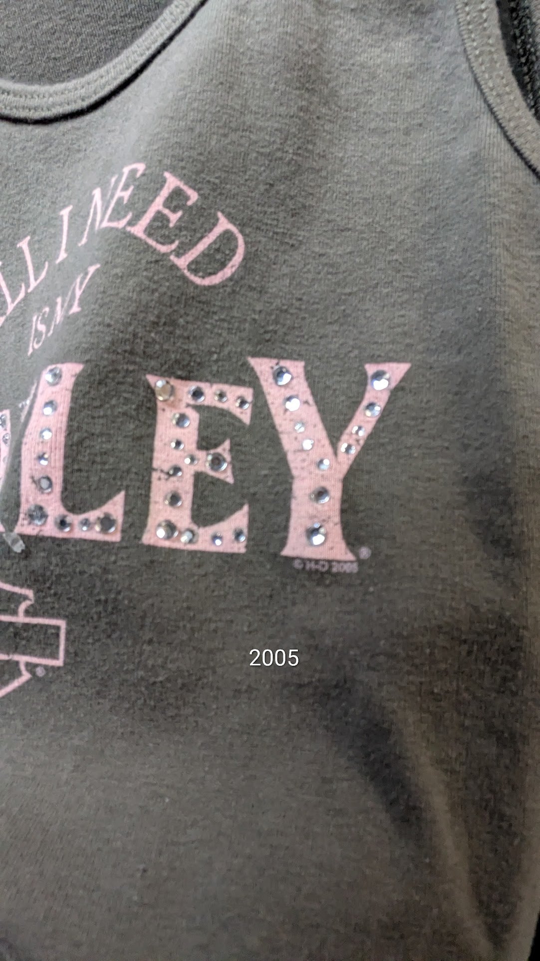 Vintage 2005 Harley-Davidson Women's Tank Top "All I Need Is My Harley" Rhinestone Graphic Olive Green Size Large