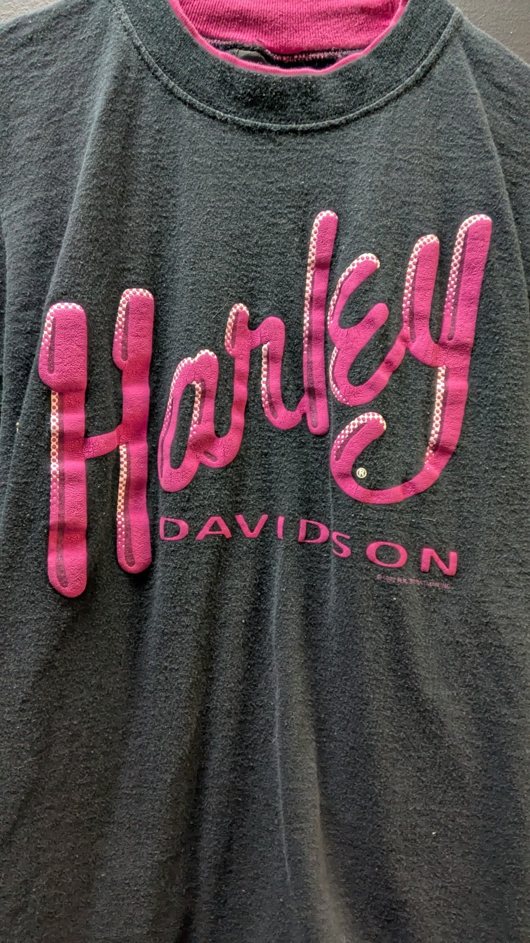 Vintage 1992 Harley-Davidson Women's Fleece T-Shirt / Sweatshirt – Black & Pink Buckmin's Xenia Ohio
