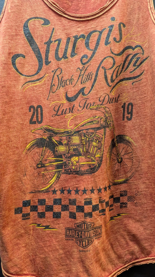 Harley-Davidson Sturgis Black Hills Rally 2019 Tank Top Orange Burnout Graphic Women's XS