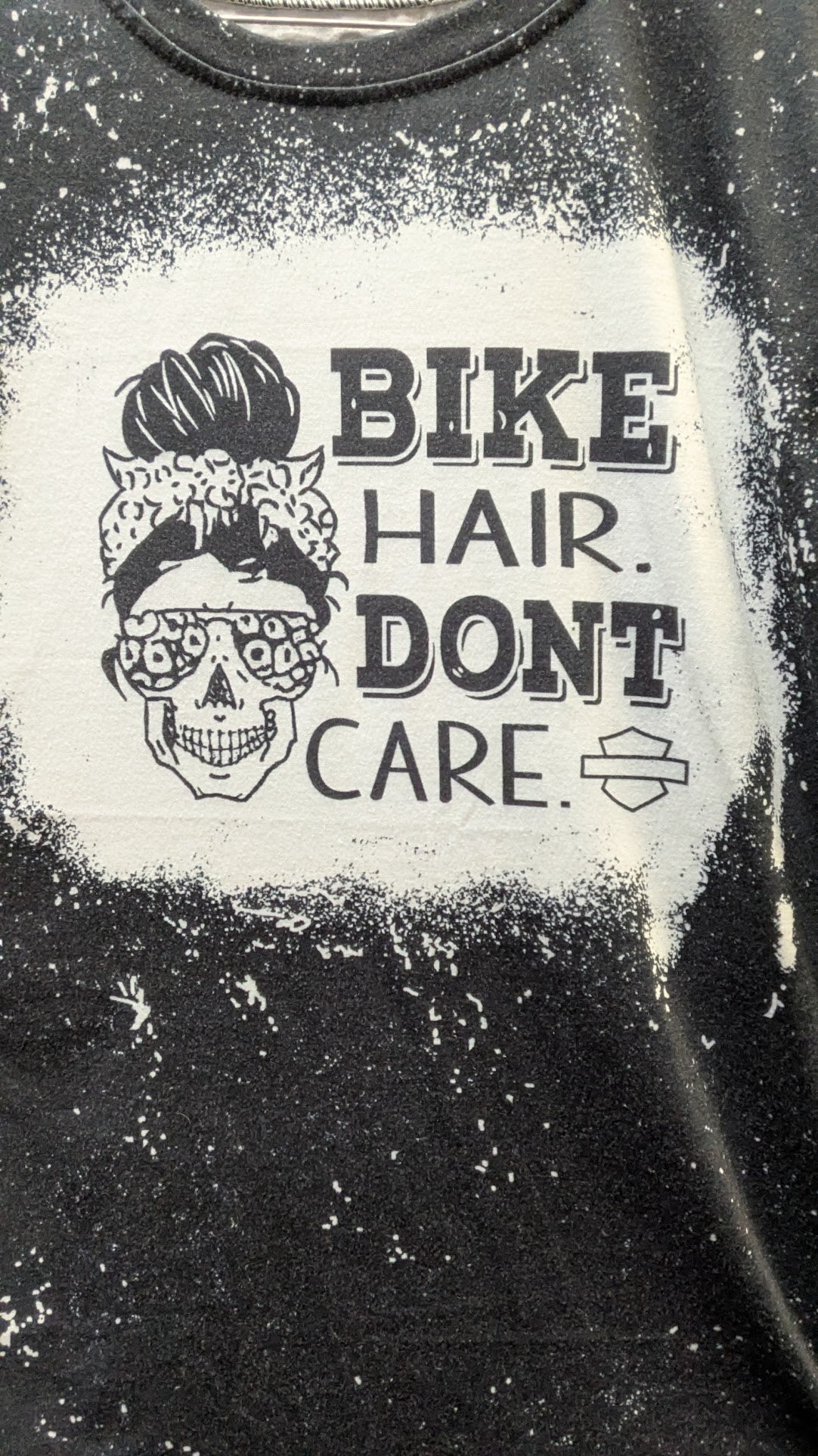 Bike Hair Don't Care Graphic T-Shirt Women's Black Bleach Splatter Tee