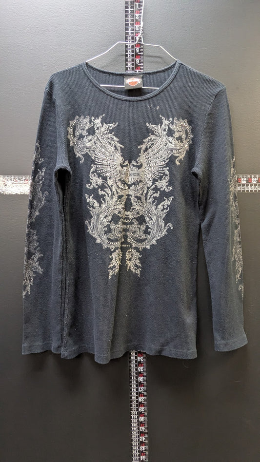 Harley-Davidson Women's Thermal Shirt Large Black Waffle Knit Buckminn's Xenia Ohio