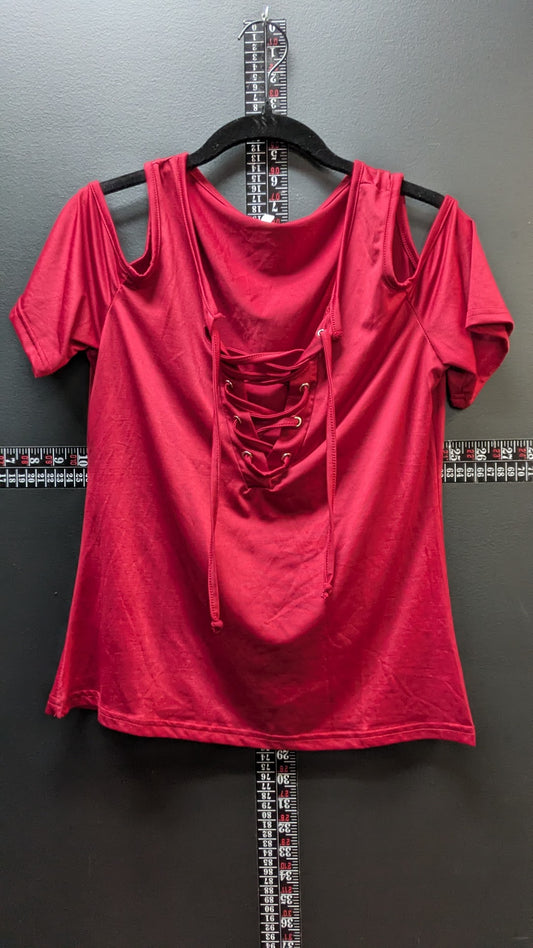 Women's Red Cold Shoulder Lace-Up Top Size Large Short Sleeve Criss Cross Front