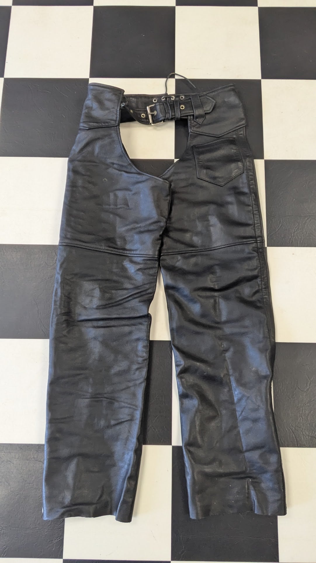 Interstate Leather Originals Black Leather Motorcycle Chaps Size Small Adjustable Riding Chaps