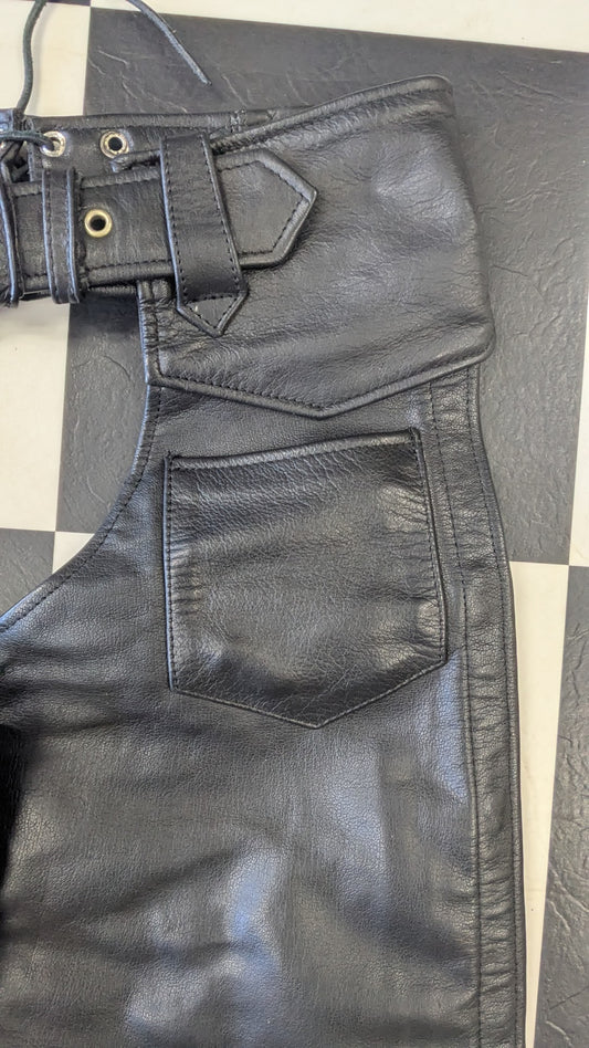 Interstate Leather Originals Black Leather Motorcycle Chaps Size Small Adjustable Riding Chaps