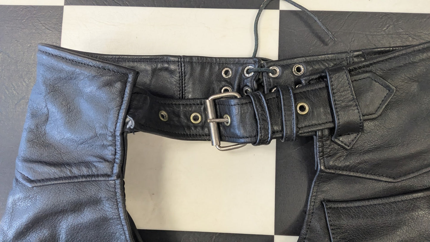 Interstate Leather Originals Black Leather Motorcycle Chaps Size Small Adjustable Riding Chaps