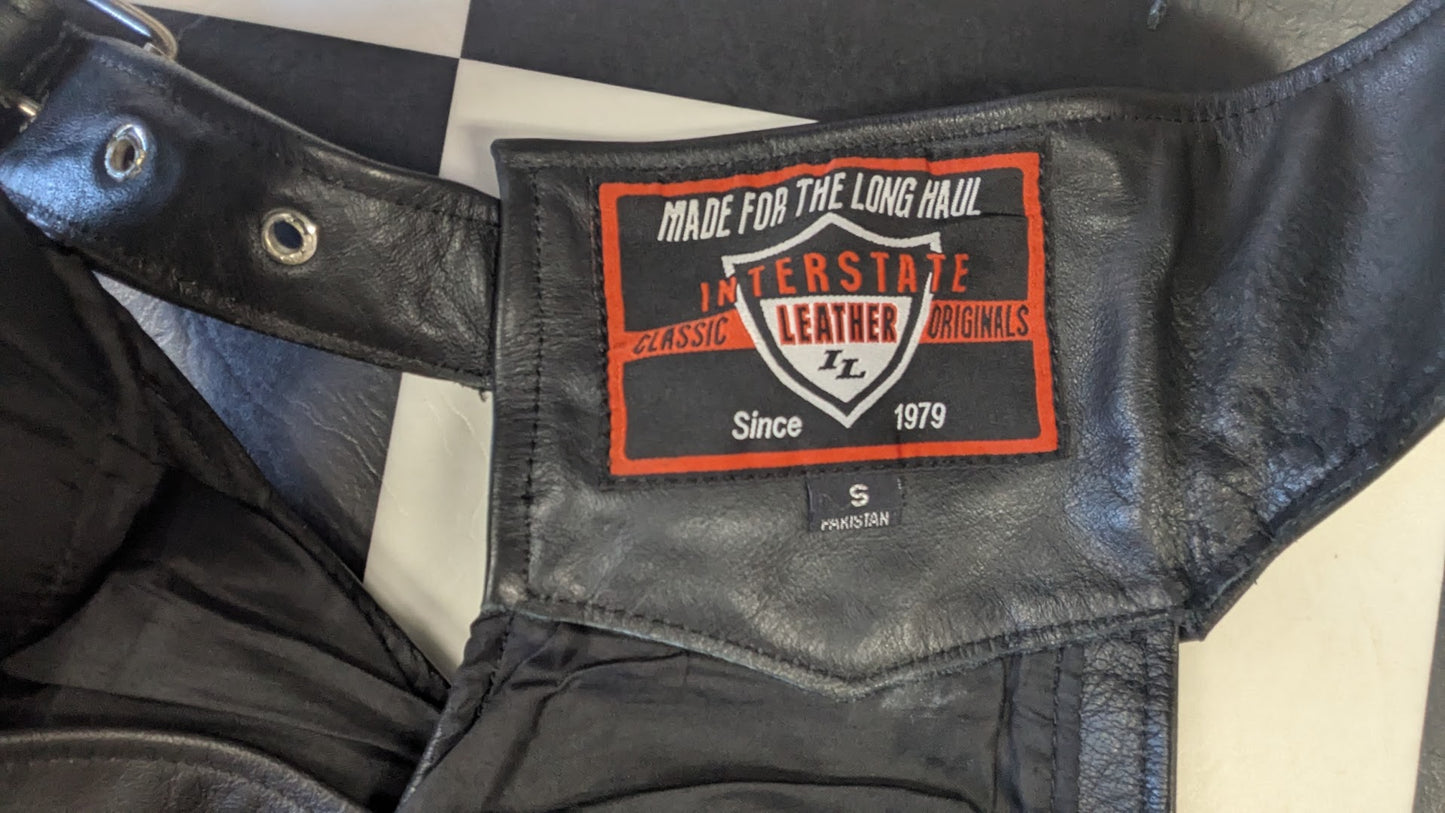 Interstate Leather Originals Black Leather Motorcycle Chaps Size Small Adjustable Riding Chaps