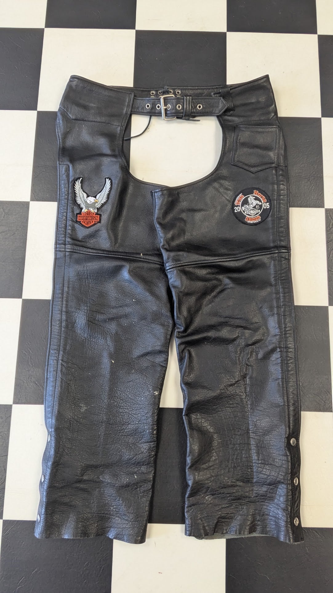 Leather Gallery Black Leather Motorcycle Chaps Size Large Harley-Davidson Patch Riding Chaps