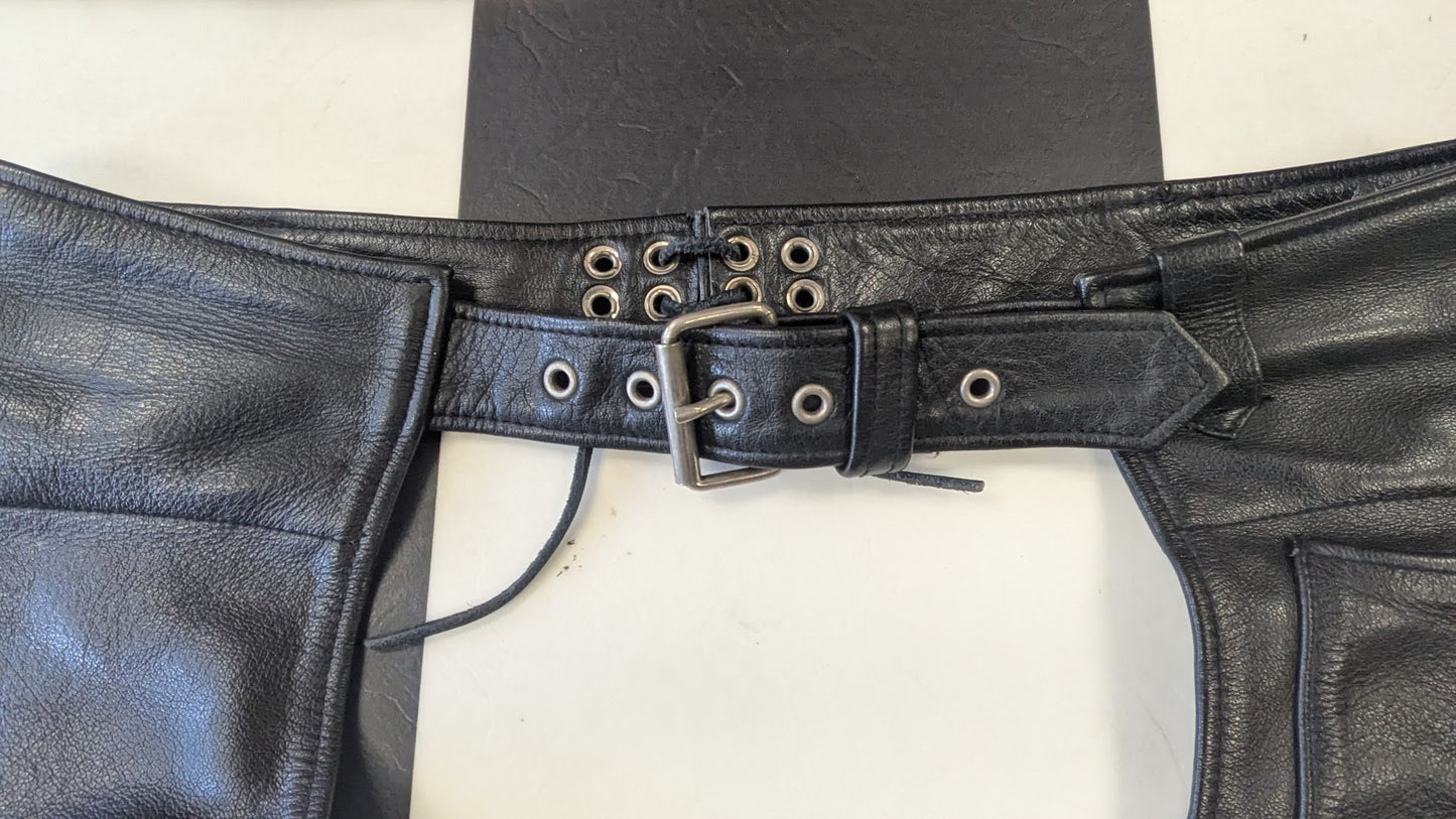 Leather Gallery Black Leather Motorcycle Chaps Size Large Harley-Davidson Patch Riding Chaps