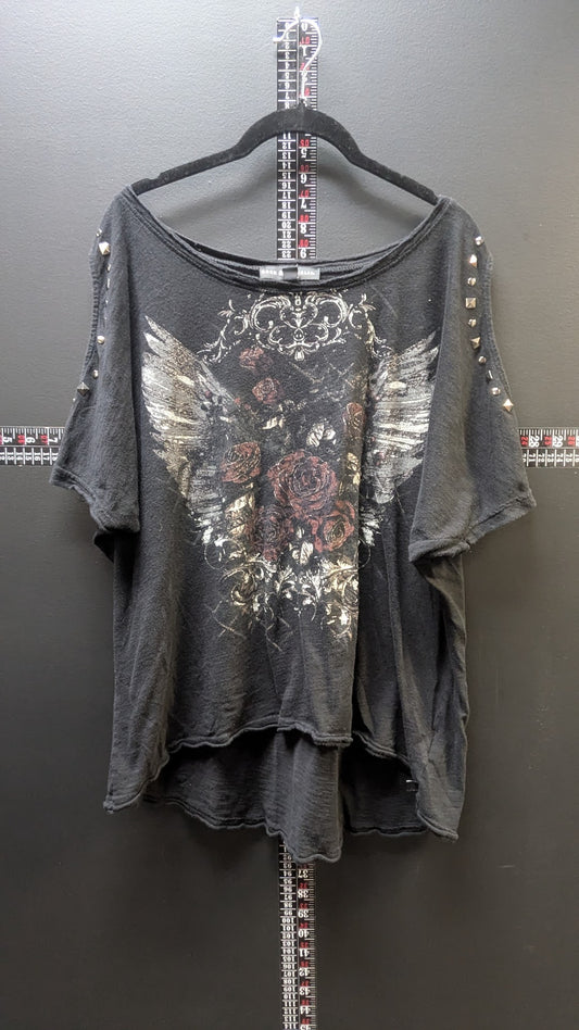 Rock & Republic Studded Cold Shoulder Top – Women's XL Black Floral Wings