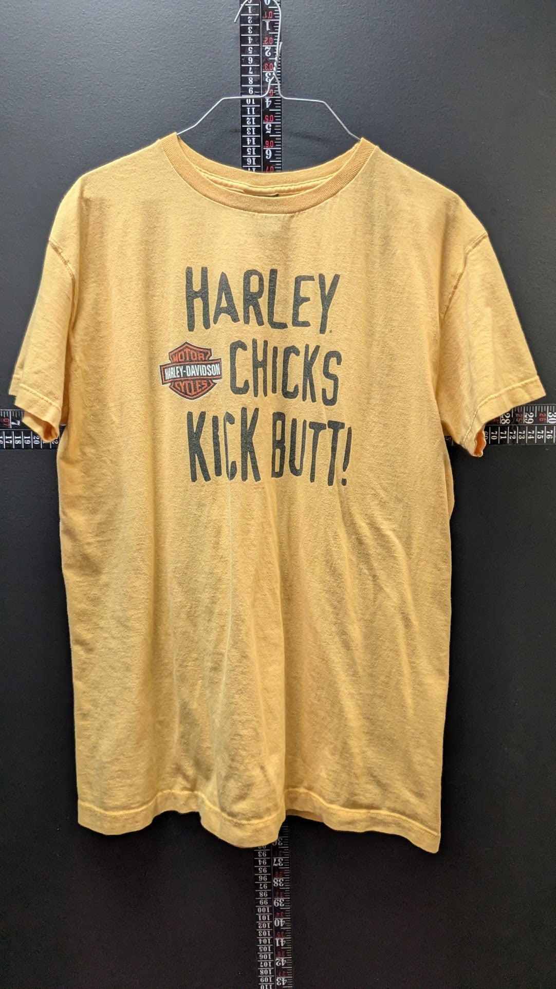 Vintage 2004 Harley-Davidson "Harley Chicks Kick Butt!" T-Shirt Women's XL Yellow Hale's Harley-Davidson