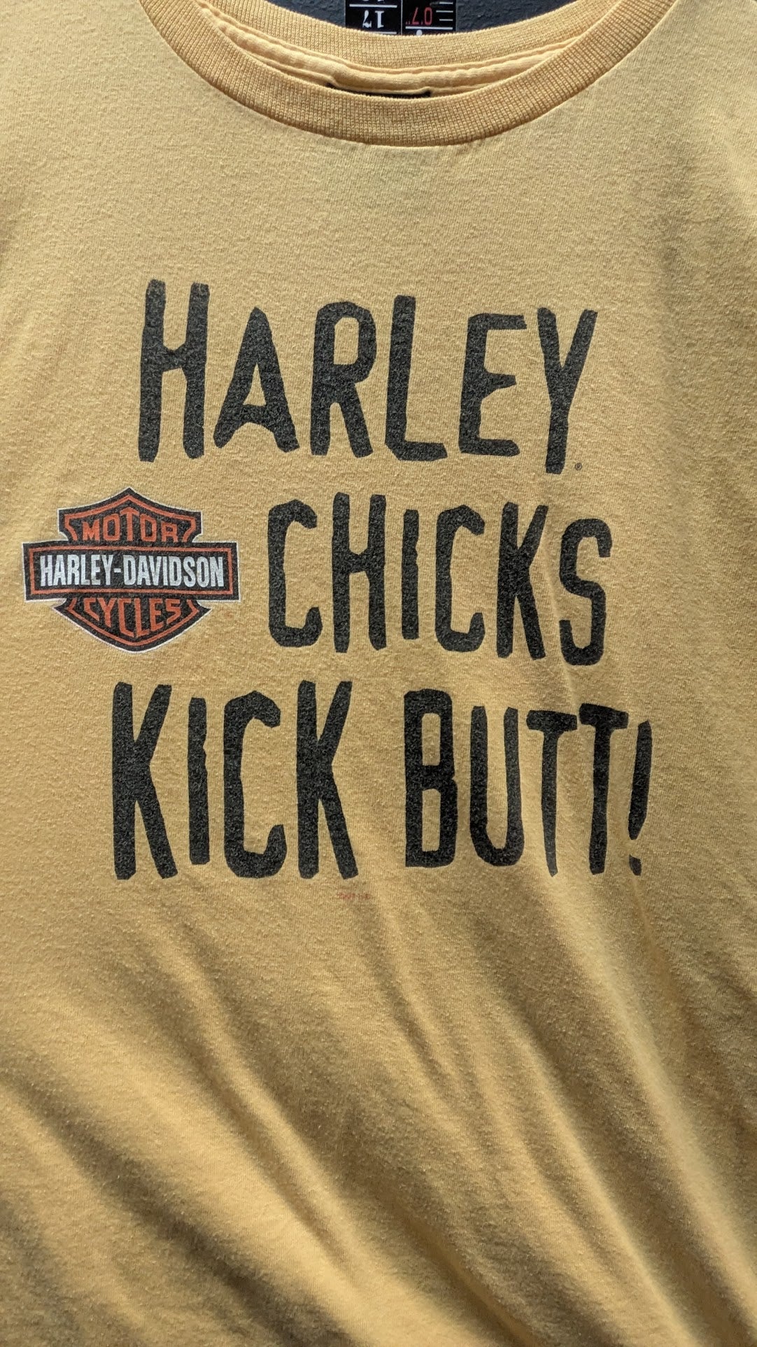 Vintage 2004 Harley-Davidson "Harley Chicks Kick Butt!" T-Shirt Women's XL Yellow Hale's Harley-Davidson