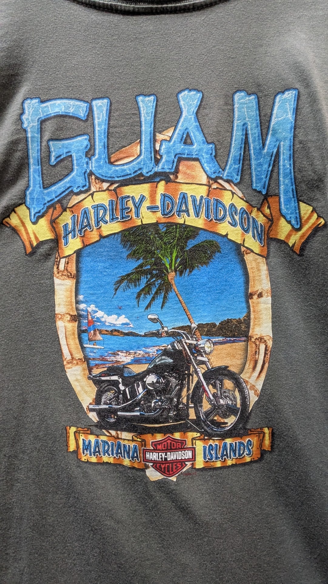 Vintage Harley-Davidson Guam Mariana Islands T-Shirt Men's Large Gray Green