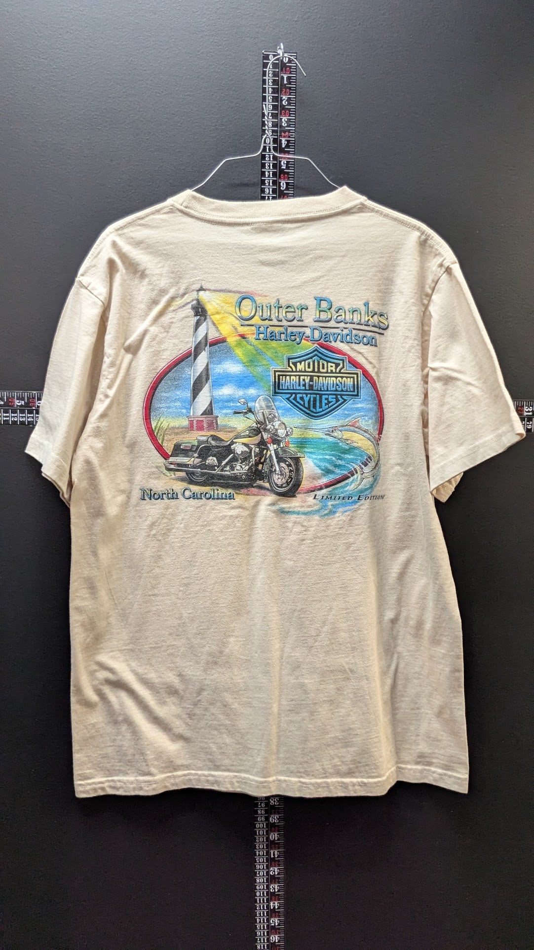Vintage Harley-Davidson Outer Banks T-Shirt Men's Large Beige Eagle Lighthouse Double-Sided USA