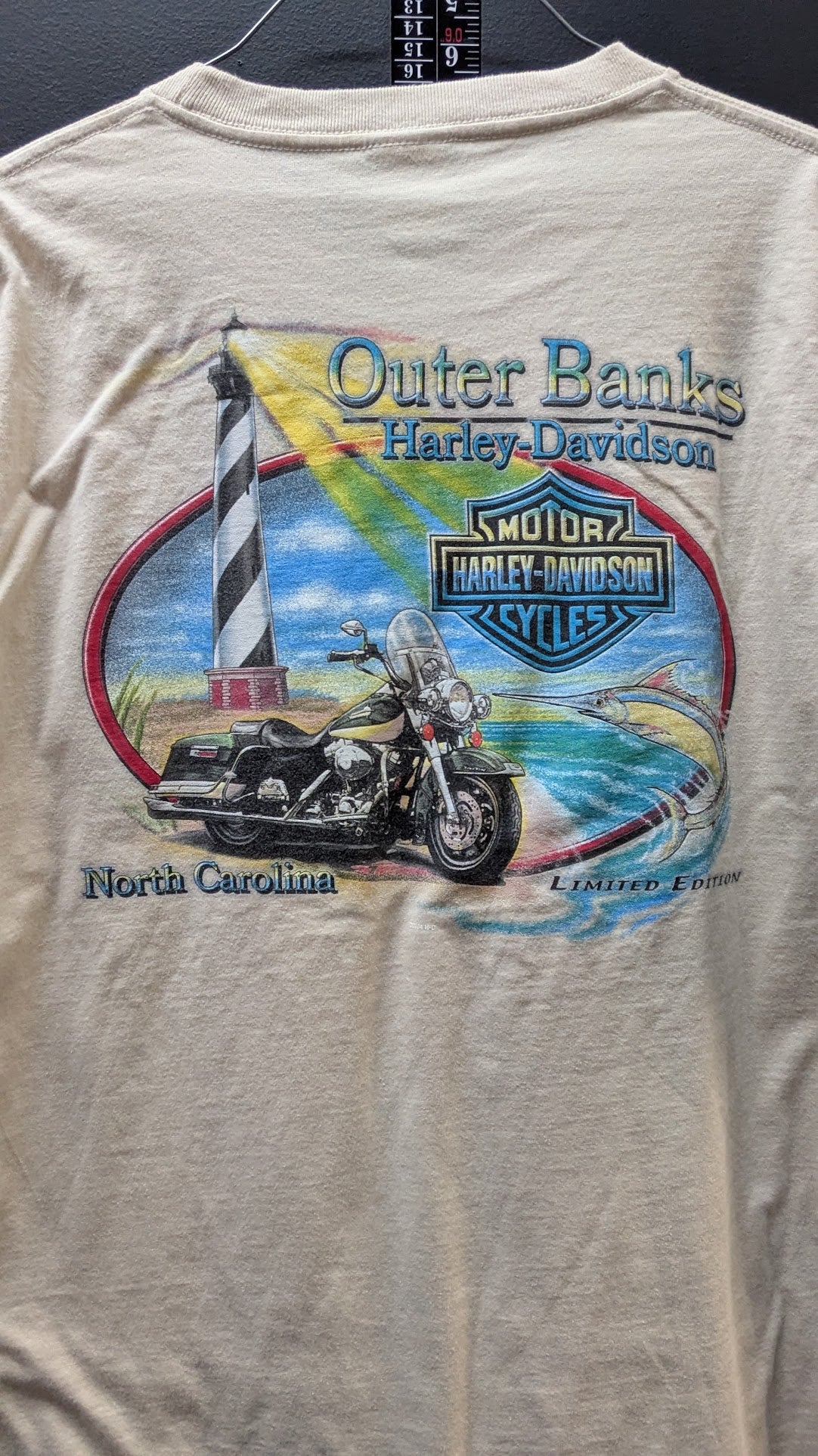 Vintage Harley-Davidson Outer Banks T-Shirt Men's Large Beige Eagle Lighthouse Double-Sided USA