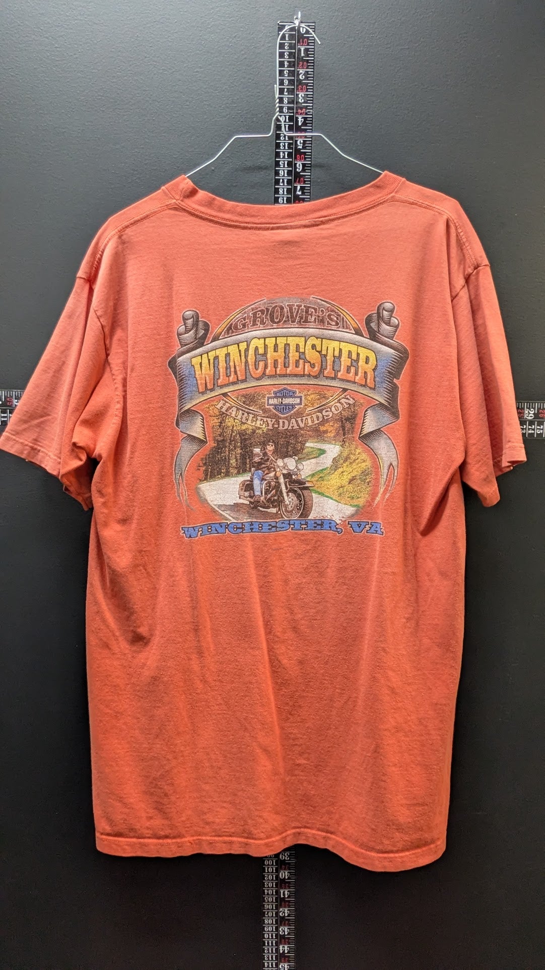 Vintage 2000 Harley-Davidson Groves Winchester VA T-Shirt Men's Large Orange Double Sided