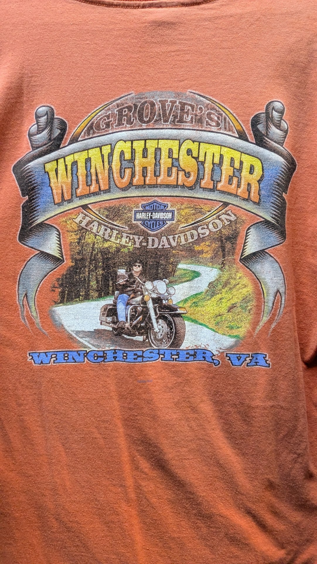 Vintage 2000 Harley-Davidson Groves Winchester VA T-Shirt Men's Large Orange Double Sided