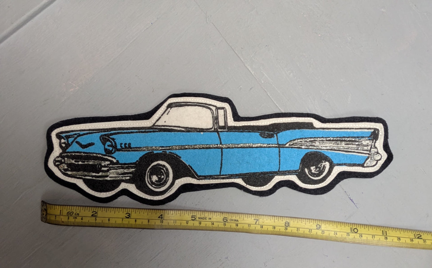 Vintage 1957 Chevrolet Bel Air Convertible Embroidered Jacket Vest Patch Blue 12"