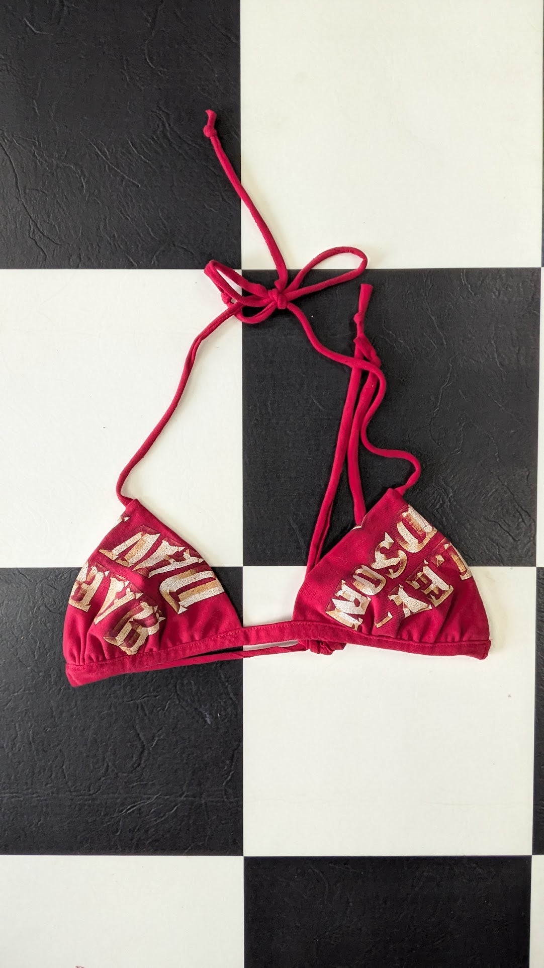 One-of-a-Kind Reversible Upcycled Harley-Davidson Triangle Bikini Top – Handmade Red