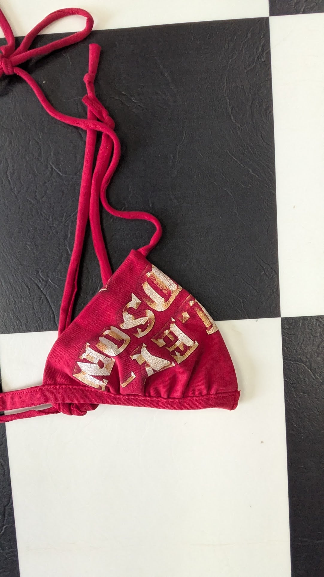 One-of-a-Kind Reversible Upcycled Harley-Davidson Triangle Bikini Top – Handmade Red