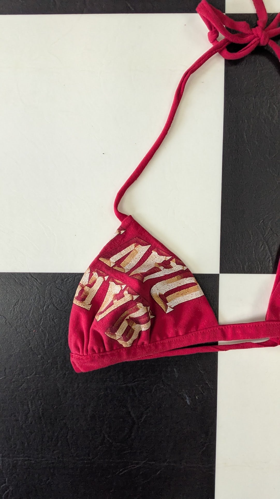 One-of-a-Kind Reversible Upcycled Harley-Davidson Triangle Bikini Top – Handmade Red