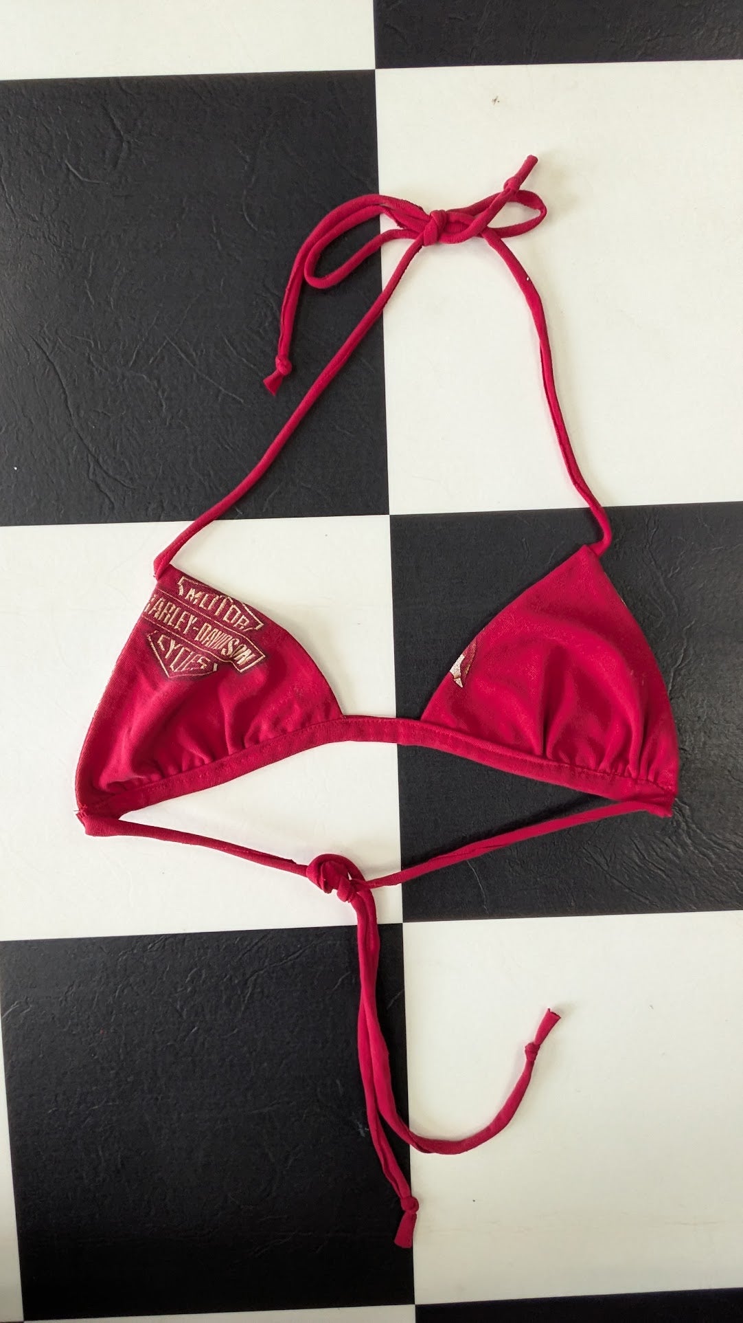 One-of-a-Kind Reversible Upcycled Harley-Davidson Triangle Bikini Top – Handmade Red