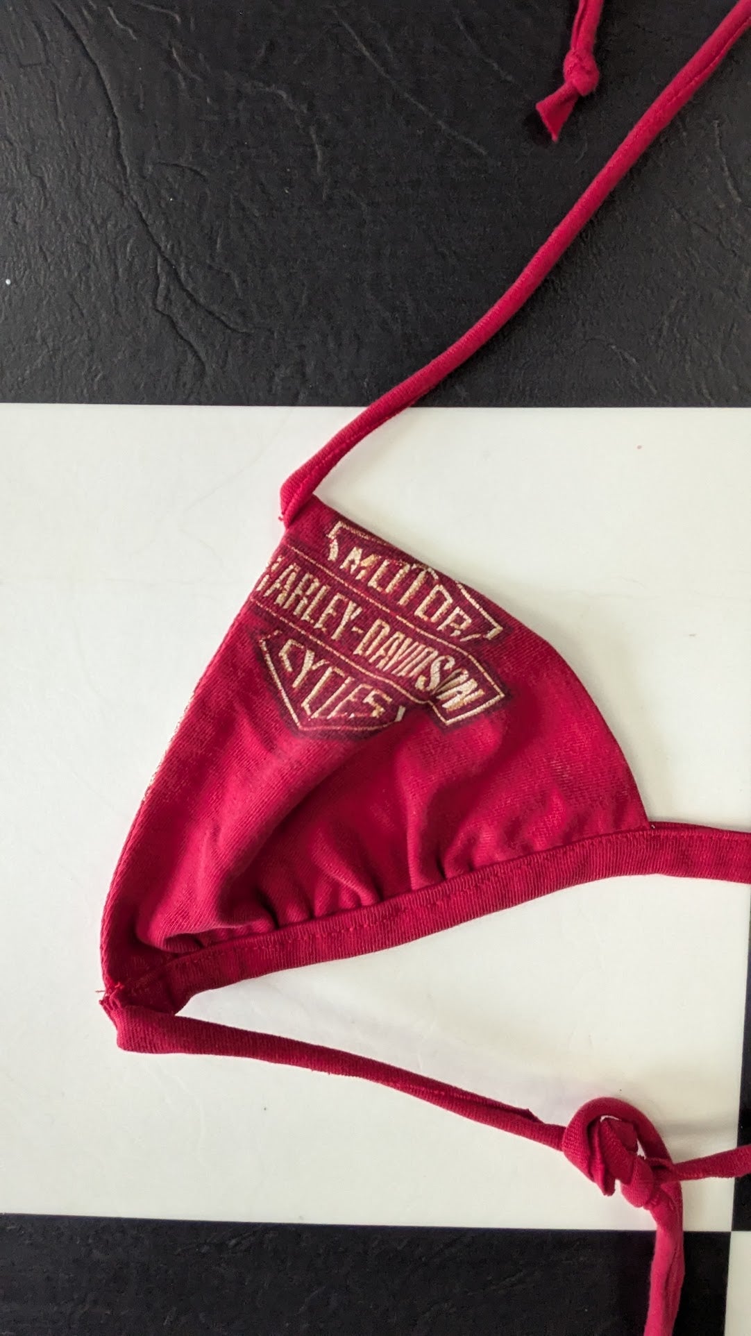 One-of-a-Kind Reversible Upcycled Harley-Davidson Triangle Bikini Top – Handmade Red