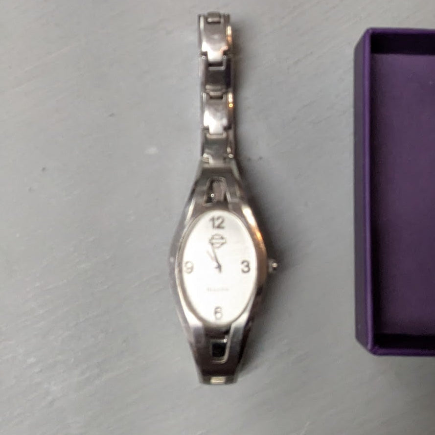 Harley-Davidson Women's Silver Tone Quartz Bracelet Watch Oval White Dial